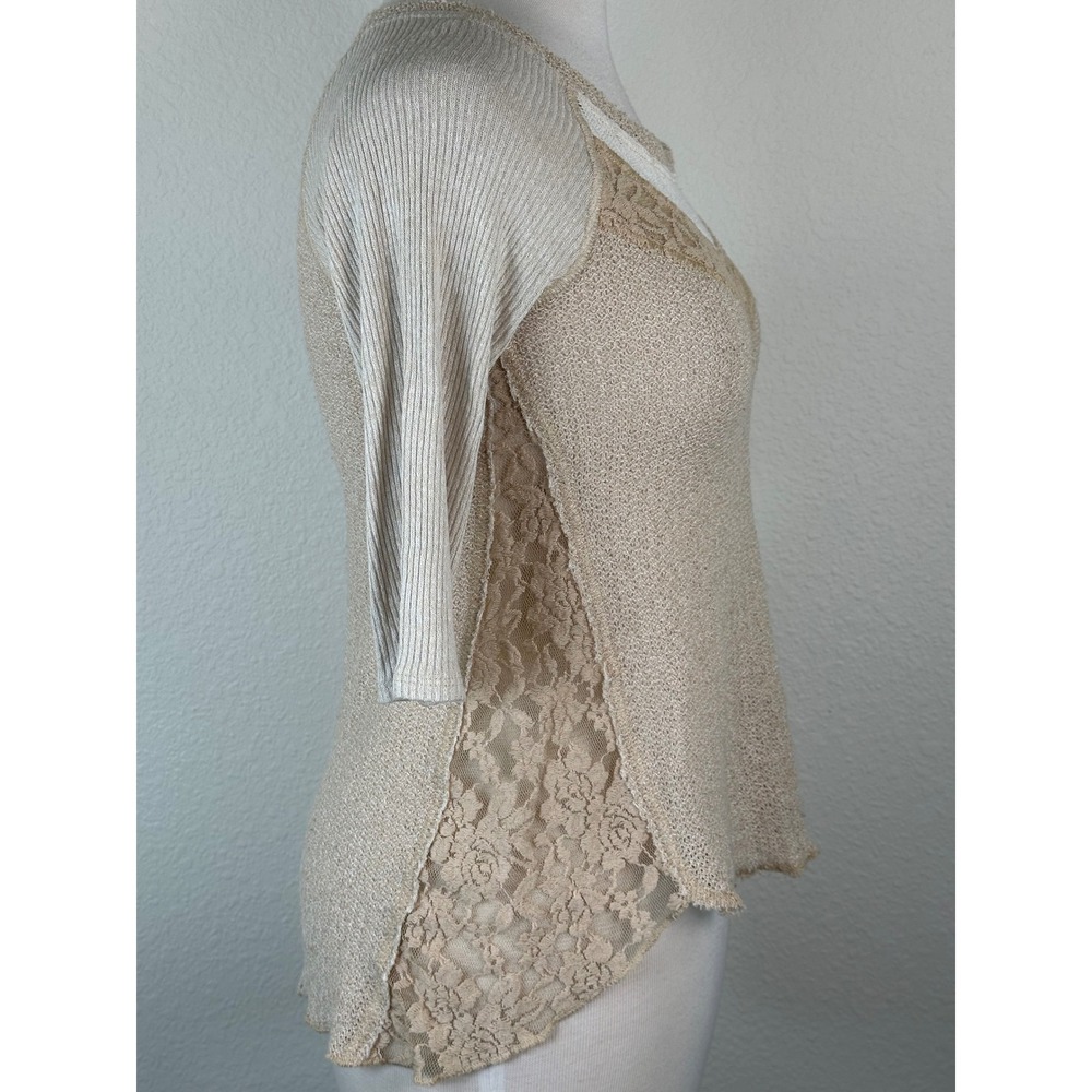 We The Free Lace Inset Open Knit Top XS Sheer Panel Boho Raw Hem Tunic - Picture 5 of 10